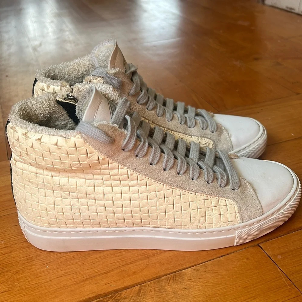 P448 Women's Cream and Grey Preforated High Top Trainers Size 36 US 6-6.5 - Picture 1 of 9